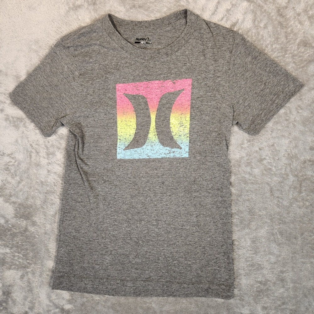 Hurley Graphic T-Shirt Kids Size 10/12 Gray Rainbow Logo Short Sleeve Tee